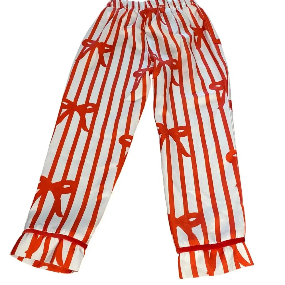 Shein red white striped satin bow drawstring sleep‎ pants SIZE 4T